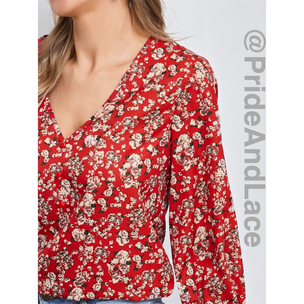 LAST 1️⃣ 🤍Red V-neck Flounce Sleeve Floral Print Top - Picture 5 of 8